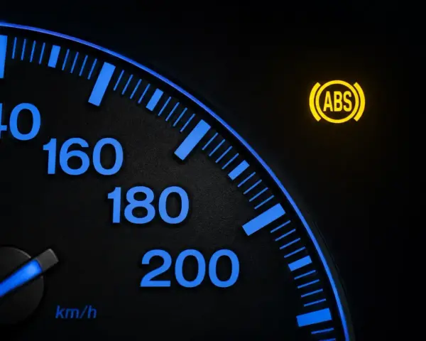 Cruscotto auto con spia ABS accesa. Indica la necessità di resettare spia ABS per ripristinare la sicurezza.