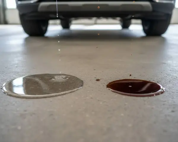 Gocce d'acqua e liquido scuro cadono da un'auto parcheggiata, indicando una possibile perdita d'acqua a motore spento.