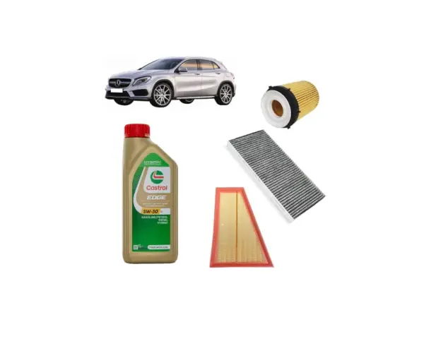 Kit manutenzione Mercedes GLA: olio Castrol, filtro olio, filtro aria e abitacolo. Scopri il tagliando Mercedes GLA costo.