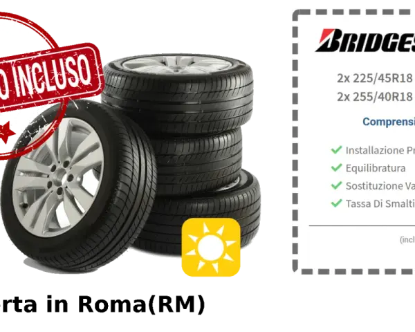 Offerta pneumatici Bridgestone con montaggio incluso. Le gomme presentano un leggero consumo ai lati, ma sono perfette per la tua auto.