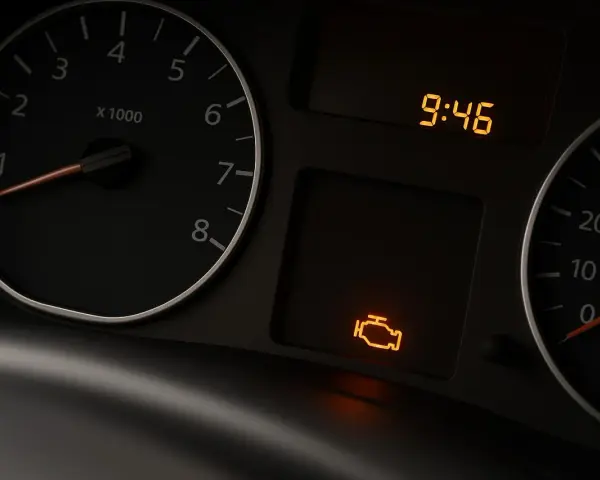 Cruscotto auto con tachimetro, orologio digitale e icona accesa del motore spia iniezione.