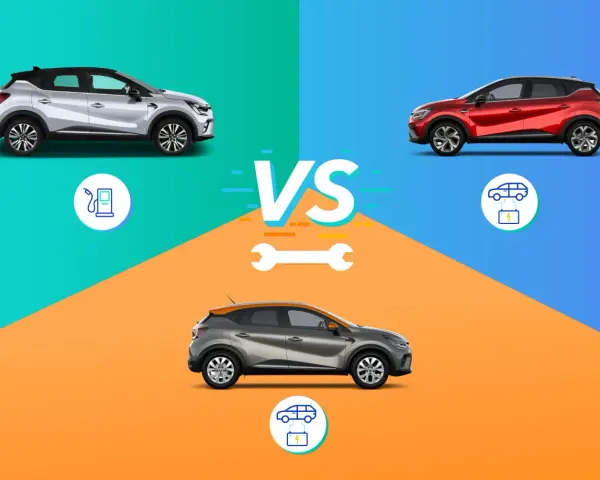 Confronto tra modelli di Renault Captur: uno a benzina, uno elettrico e uno ibrido.