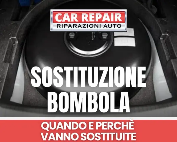 Il bagagliaio di un'auto con una bombola del metano. Il testo indica "Sostituzione bombola" e "Car Repair". Scopri il sostituzione bombole metano costo.
