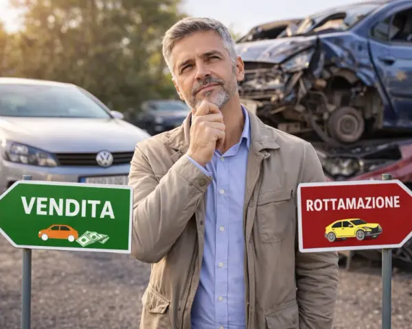 Uomo pensieroso davanti a cartelli "Vendita" e "Rottamazione". Forse valuta la rottamazione Euro 5 per un'auto nuova.