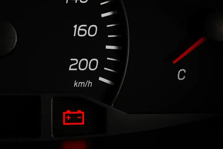 Spia rossa della batteria accesa sul cruscotto. Se la batteria è scarica il quadro si accende, segnalando un problema.