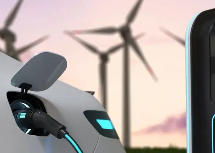 Auto elettrica in carica con turbine eoliche sullo sfondo. Un futuro sostenibile con il sogei bonus auto elettriche.