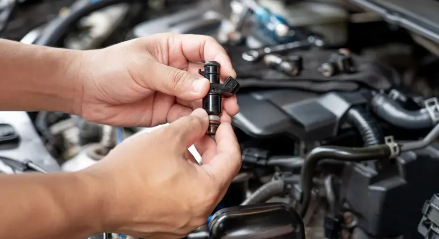 Mani che tengono un iniettore, componente essenziale per il corretto funzionamento del motore.