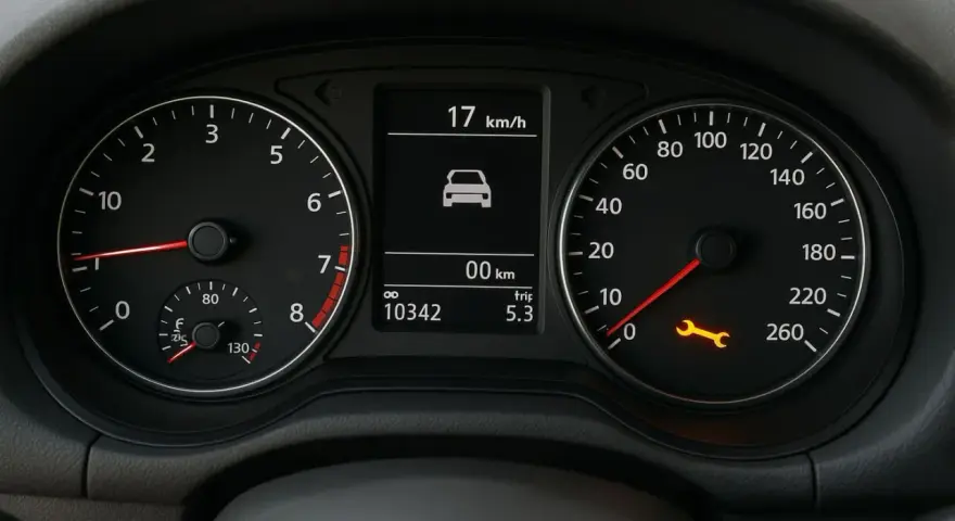 Cruscotto auto con spia chiave inglese accesa, indicando un problema meccanico. Velocità 17 km/h, chilometraggio 10342.