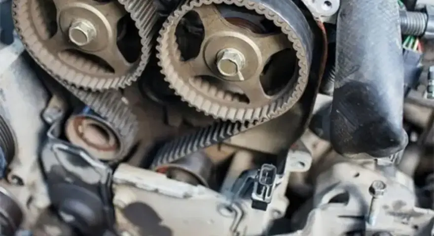 Dettaglio del motore auto: la cinghia di distribuzione, fondamentale per la sincronizzazione delle valvole.