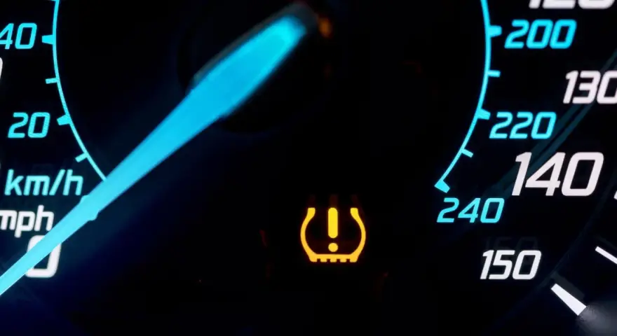 Cruscotto auto con spia pressione gomme accesa. L'indicatore giallo segnala un problema, forse un pneumatico sgonfio.