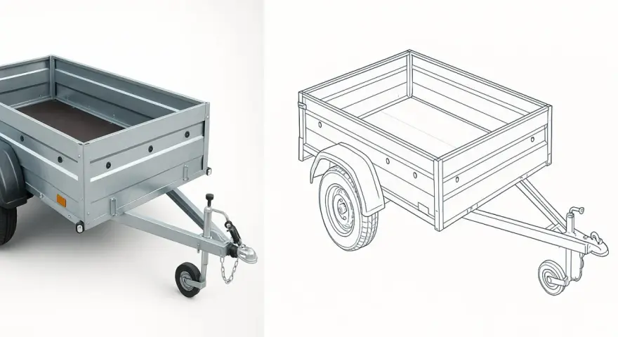 Revisione carrello rimorchio: un rimorchio metallico a due dimensioni, una foto e un disegno tecnico, pronto per il trasporto.