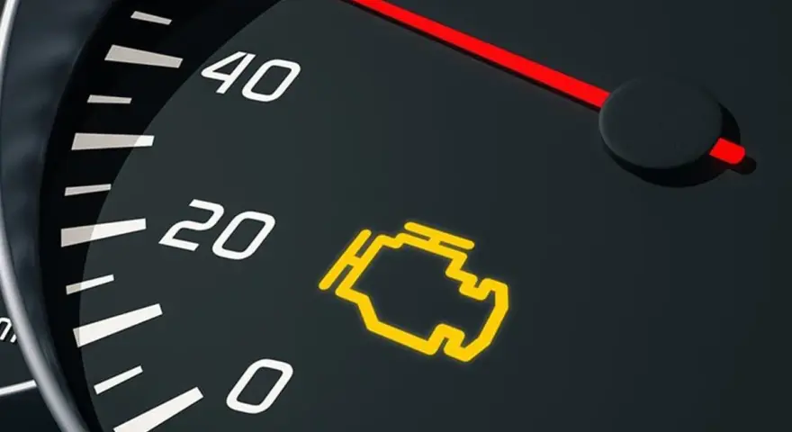 Cruscotto auto con spia olio arancione accesa. L'indicatore del motore è illuminato, segnalando un problema.