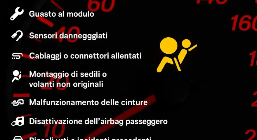 Spia airbag accesa: guasto modulo, sensori, cablaggi, sedili/volanti non originali, cinture, disattivazione passeggero o urti.