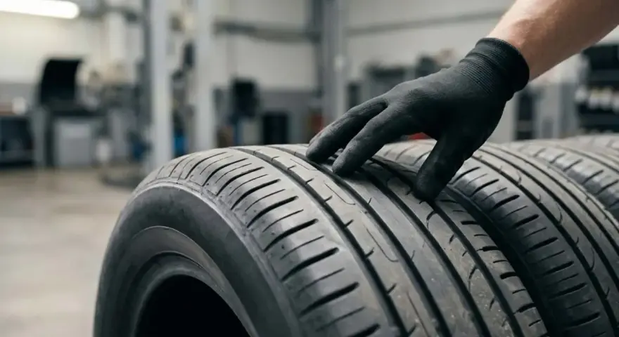 Mano guantata esamina il battistrada di pneumatici, evidenziando la differenza gomme estive e invernali per la sicurezza stradale.