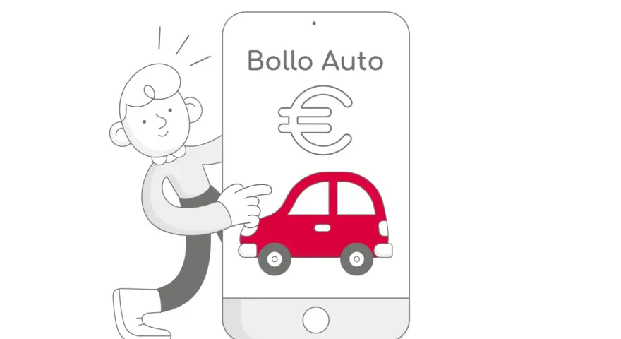 Un personaggio indica un'app su smartphone con un'auto rossa e il simbolo dell'euro, per gestire la decorrenza bollo auto.