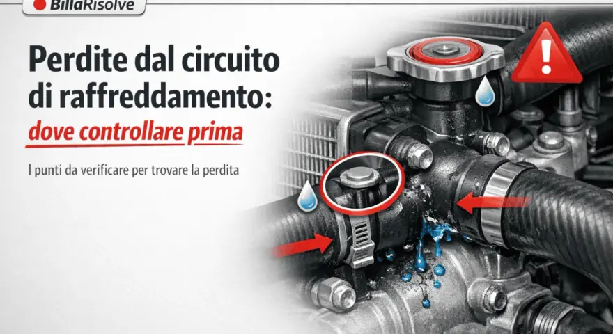 Circuito raffreddamento auto: perdite visibili con gocce blu. Il livello liquido radiatore sale e scende, indicando un problema.