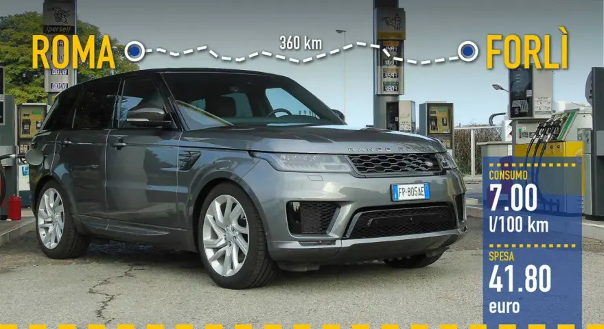 Range Rover Sport: il tagliando ogni quanti km? Viaggio Roma-Forlì, 360 km, consumo 7 L/100 km, spesa 41,80 euro.