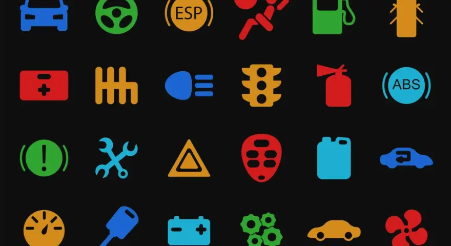 Icone colorate per spie auto: batteria, volante, ESP, airbag, benzina, luci, cambio, ABS, freno, manutenzione, motore, liquido, ecc.