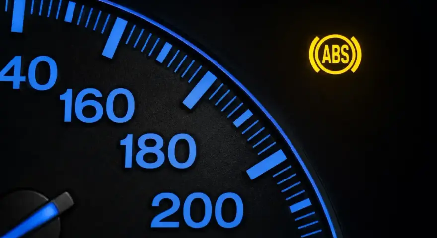 Cruscotto auto con spia ABS accesa. Indica la necessità di resettare spia ABS per ripristinare la sicurezza.