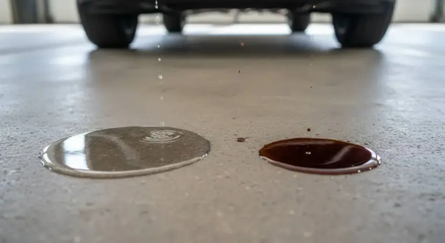 Gocce d'acqua e liquido scuro cadono da un'auto parcheggiata, indicando una possibile perdita d'acqua a motore spento.