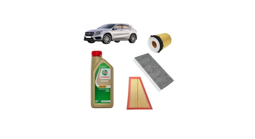Kit manutenzione Mercedes GLA: olio Castrol, filtro olio, filtro aria e abitacolo. Scopri il tagliando Mercedes GLA costo.