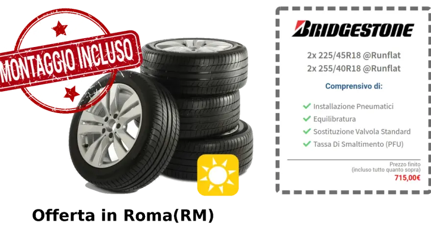 Offerta pneumatici Bridgestone con montaggio incluso. Le gomme presentano un leggero consumo ai lati, ma sono perfette per la tua auto.