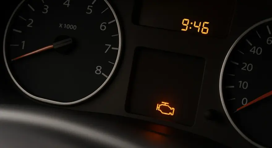 Cruscotto auto con tachimetro, orologio digitale e icona accesa del motore spia iniezione.