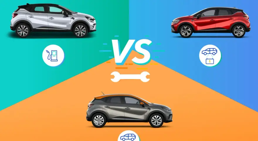 Confronto tra modelli di Renault Captur: uno a benzina, uno elettrico e uno ibrido.