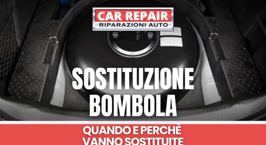 Il bagagliaio di un'auto con una bombola del metano. Il testo indica "Sostituzione bombola" e "Car Repair". Scopri il sostituzione bombole metano costo.