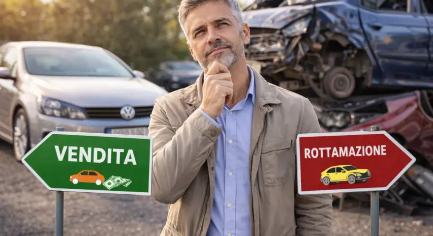 Uomo pensieroso davanti a cartelli "Vendita" e "Rottamazione". Forse valuta la rottamazione Euro 5 per un'auto nuova.