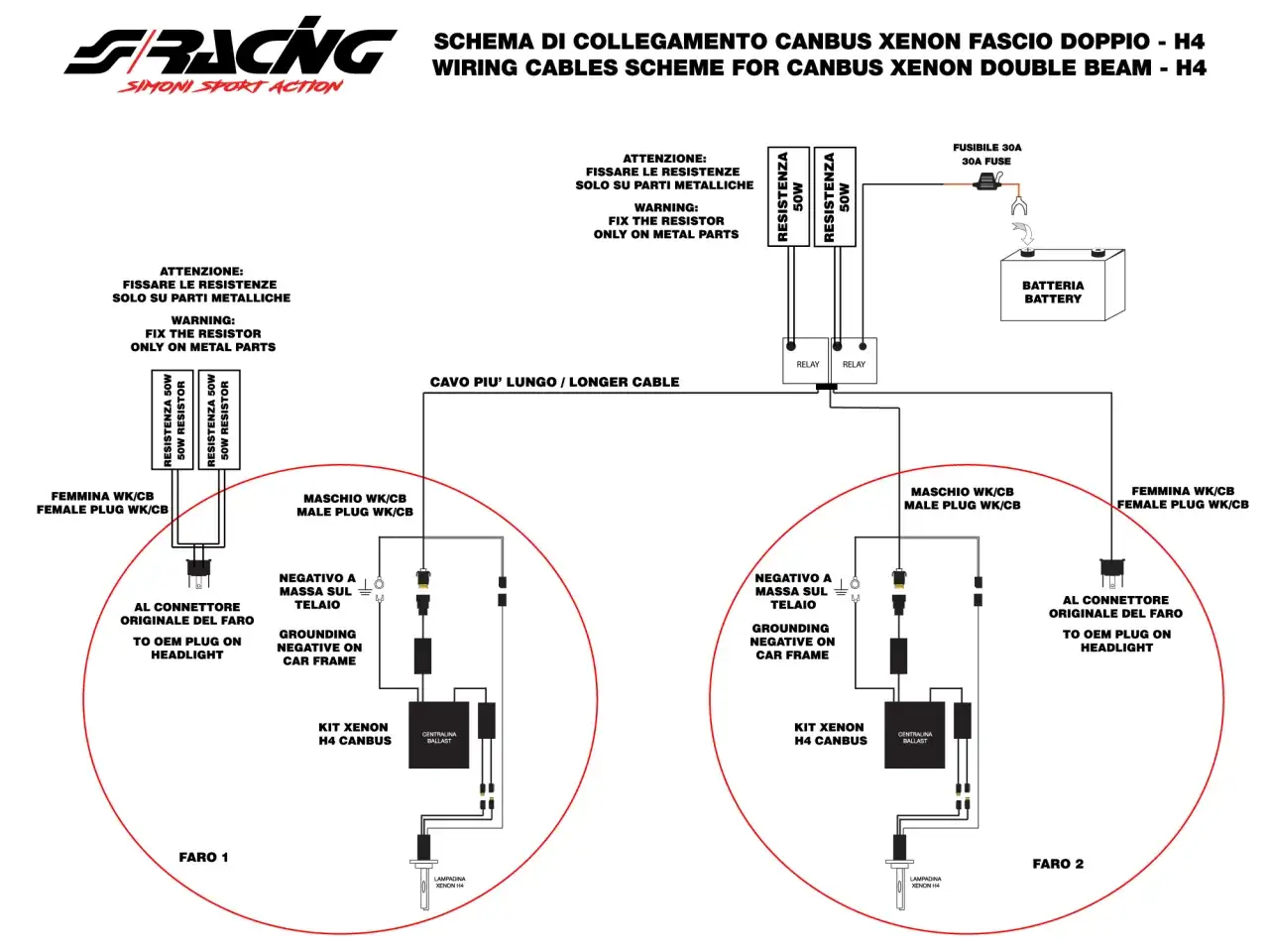 Schema cablaggio per fari allo xeno H4 con resistenze e rel&egrave;.