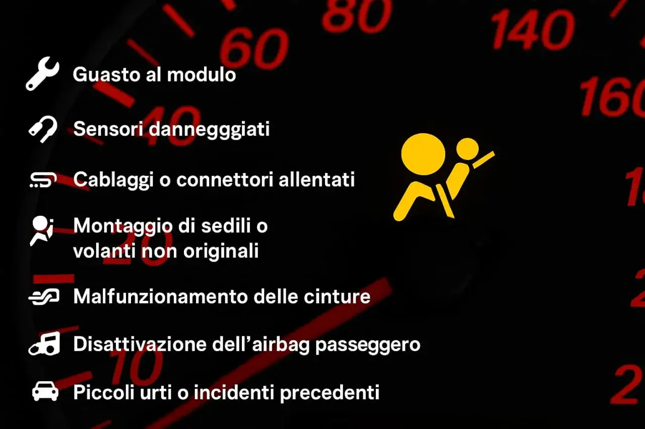 Spia airbag accesa: guasto modulo, sensori, cablaggi, sedili non originali, cinture, disattivazione passeggero o piccoli urti.