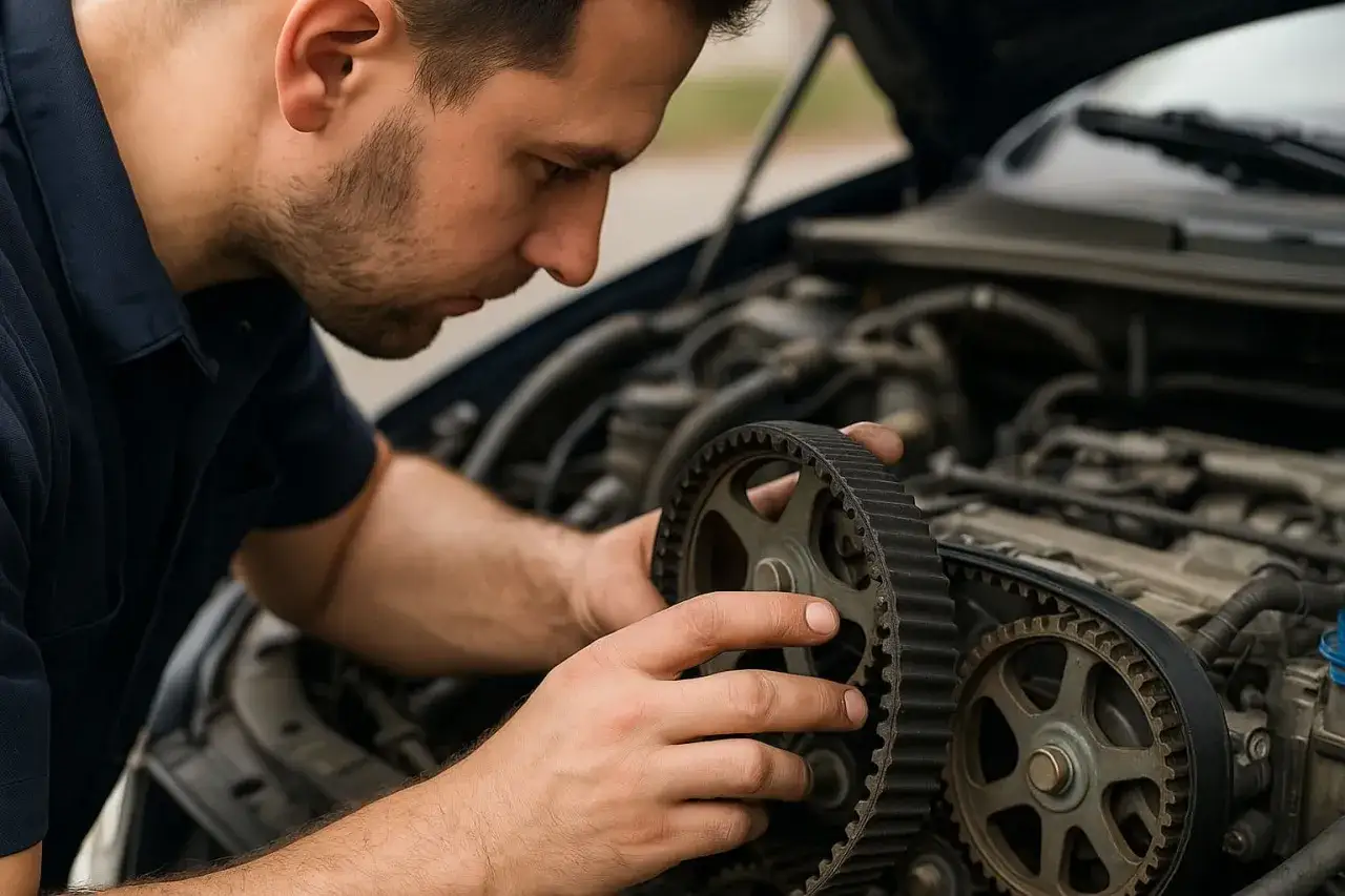 Meccanico esamina la cinghia di distribuzione, componente chiave per la sincronizzazione del motore. Capire la distribuzione auto cos'&egrave; &egrave; fondamentale per la manutenzione.