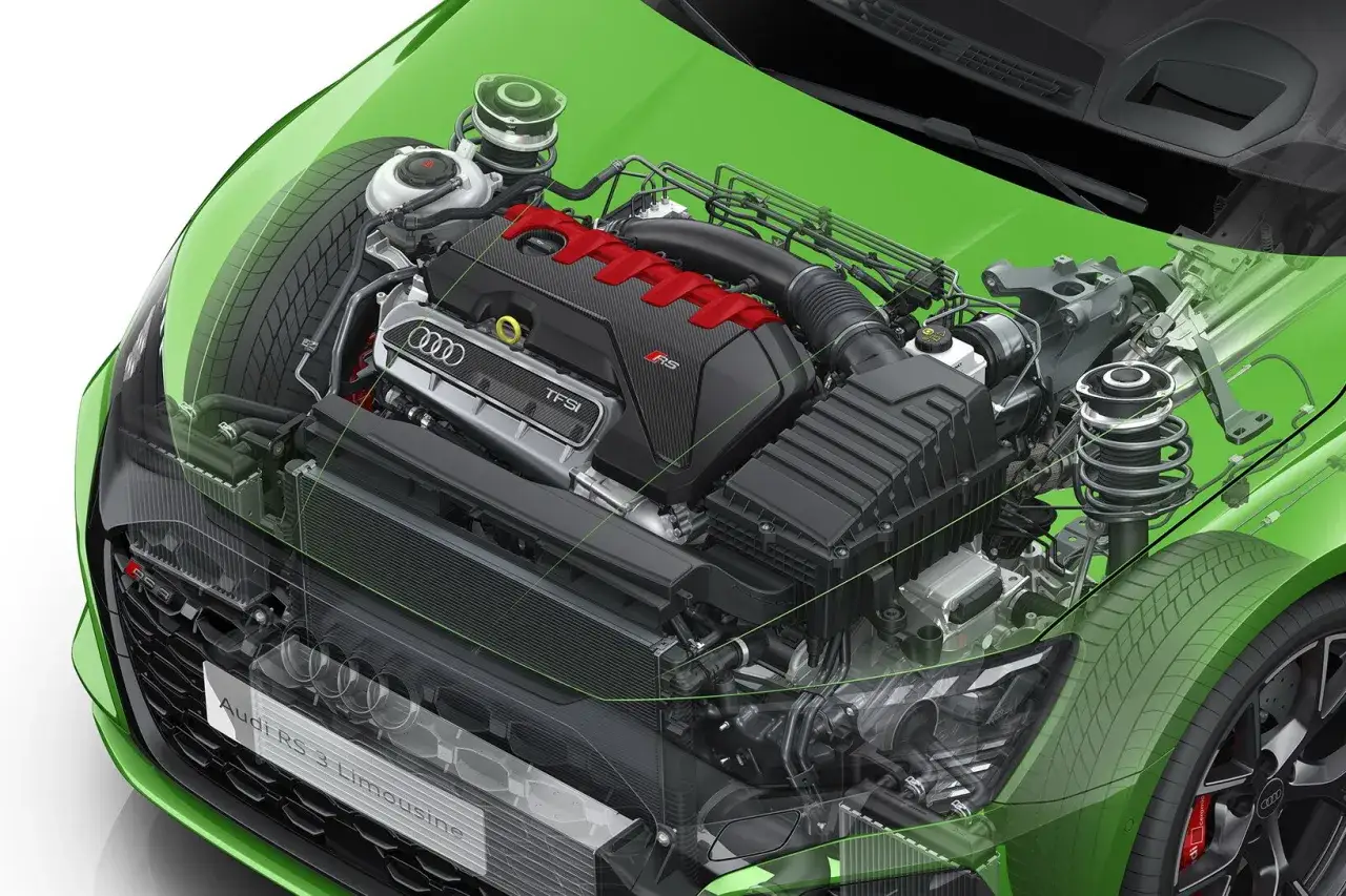 Motore Audi RS 3 Limousine, un'anteprima dettagliata del suo cuore pulsante, ideale per il rodaggio auto.