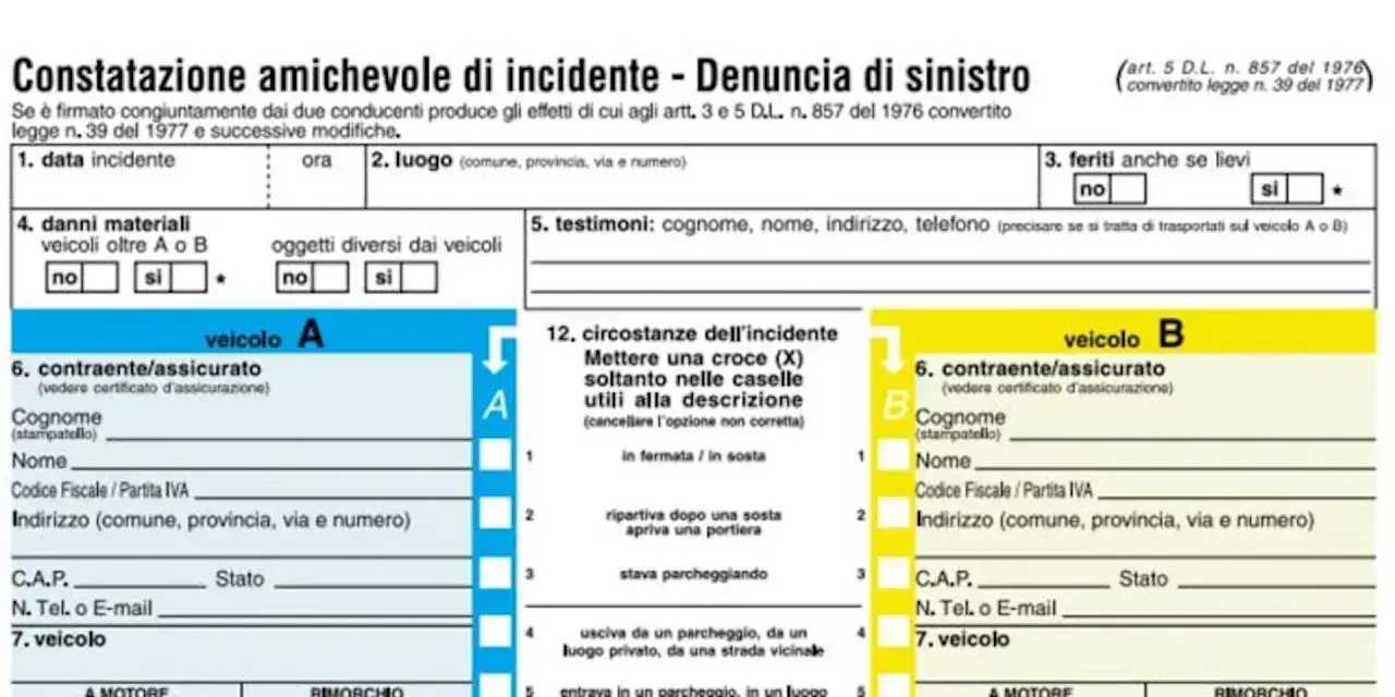 Modulo per la constatazione amichevole di incidente, utile per la gestione della responsabilit&agrave; civile autoveicoli.