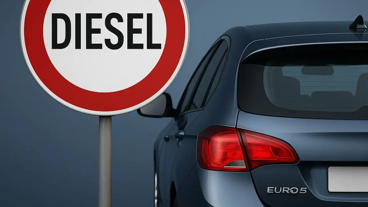 Segnale di divieto per diesel e un'auto con scritta 