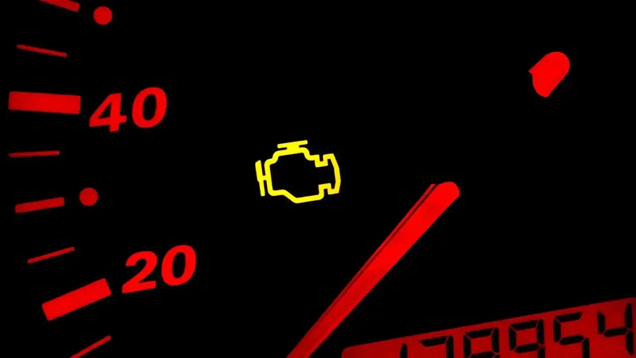 Cruscotto auto con spia gialla del motore accesa, indicando un problema con il motore spia iniezione.