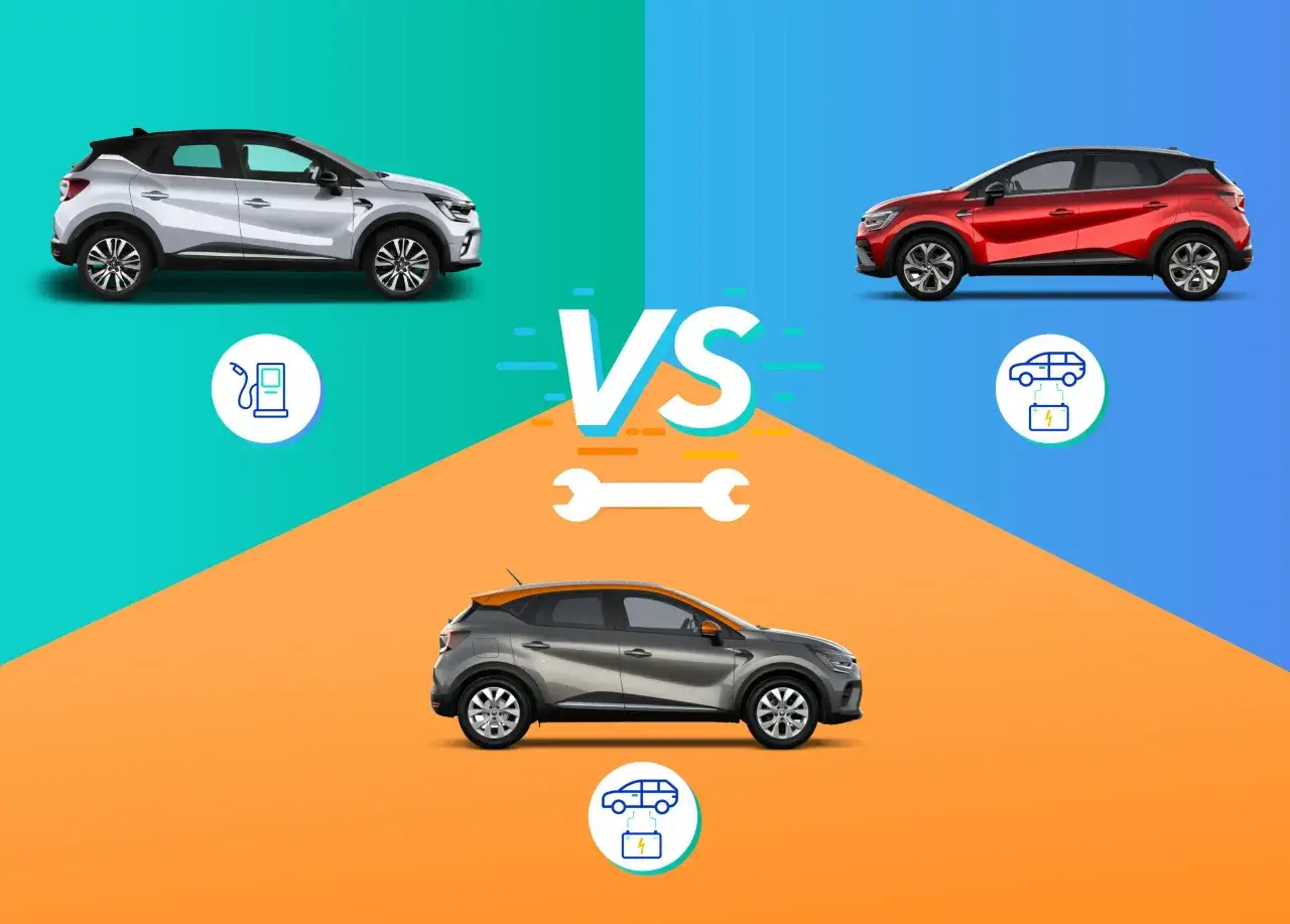 Confronto tra Renault Captur benzina e ibrida. Icone indicano rifornimento e ricarica.