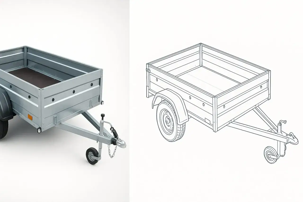 Revisione carrello rimorchio: un rimorchio metallico a due dimensioni, una foto realistica e un disegno tecnico.