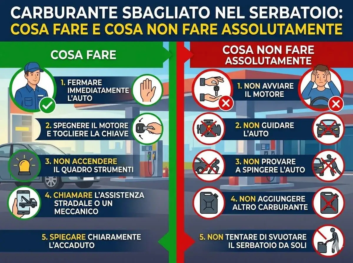Guida su cosa fare e non fare se metti diesel nella benzina. Fermare subito l'auto, non avviare il motore.