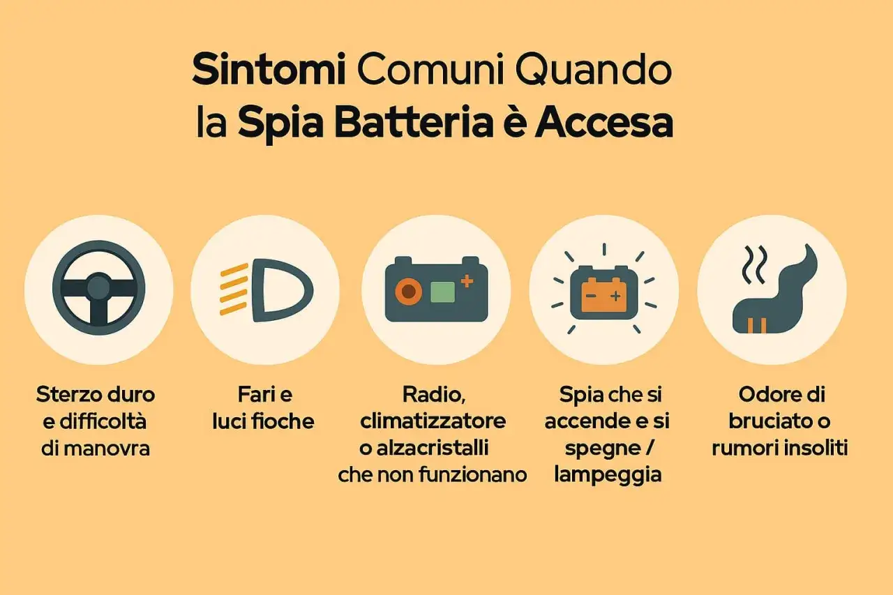 Sterzo duro, fari fioci, radio spenta: se la batteria è scarica il quadro si accende, lampeggia o si spegne. Odore di bruciato.