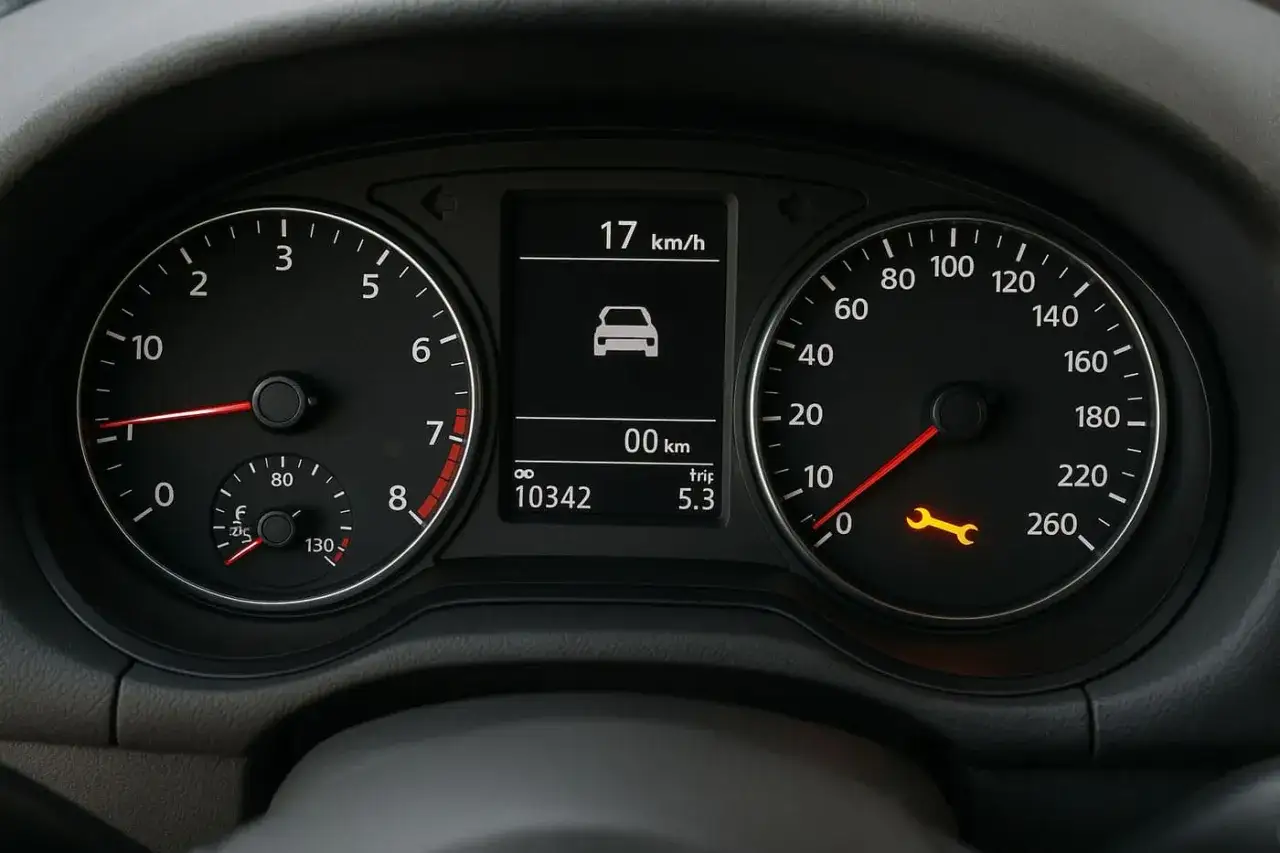 Cruscotto auto con tachimetro, indicatore di velocità a 17 km/h e la spia della chiave inglese accesa, segnalando un problema.